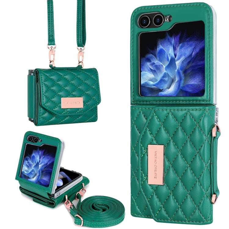 Pour étui de téléphone en cuir PU texturé losange VIETAO avec longue lanière (vert) pour Samsung Galaxy Z Flip6 / Flip7 FE