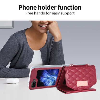 For Samsung Galaxy Z Flip6 / Flip7 FE VIETAO Rhombic Texture Wallet PU Phone Case with Long Lanyard(Red)