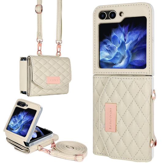 For Samsung Galaxy Z Flip6 / Flip7 FE VIETAO Rhombic Texture Wallet PU Phone Case with Long Lanyard(Beige)
