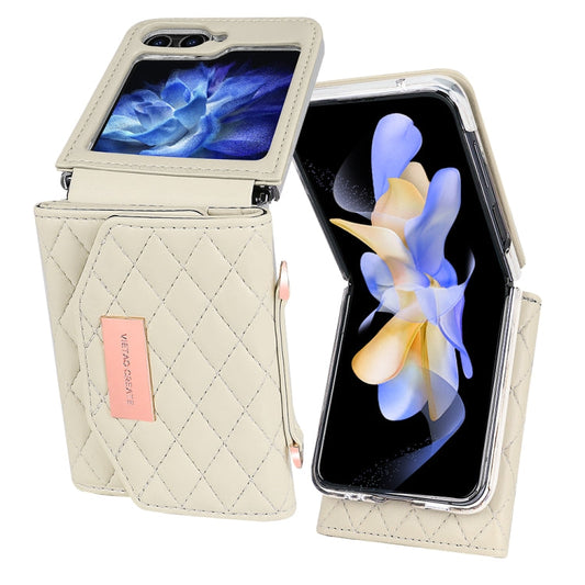 For Samsung Galaxy Z Flip6 / Flip7 FE VIETAO Rhombic Texture Wallet PU Phone Case with Long Lanyard(Beige)