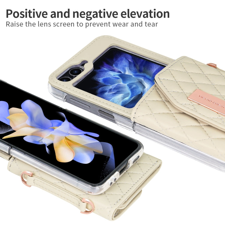 For Samsung Galaxy Z Flip6 / Flip7 FE VIETAO Rhombic Texture Wallet PU Phone Case with Long Lanyard(Beige)
