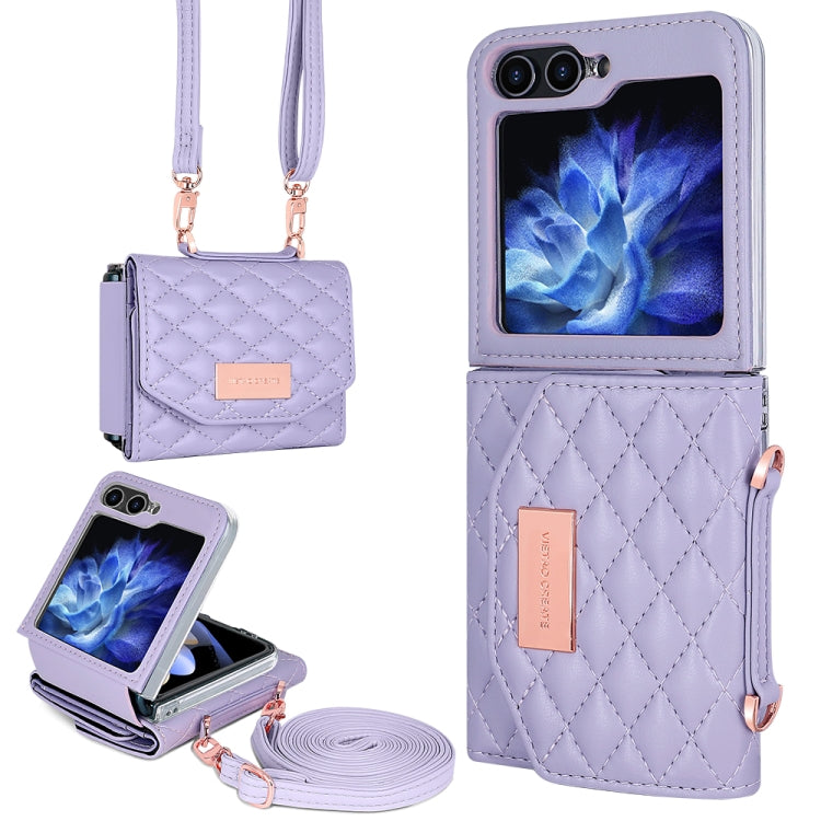 For Samsung Galaxy Z Flip6 / Flip7 FE VIETAO Rhombic Texture Wallet PU Phone Case with Long Lanyard(Purple)