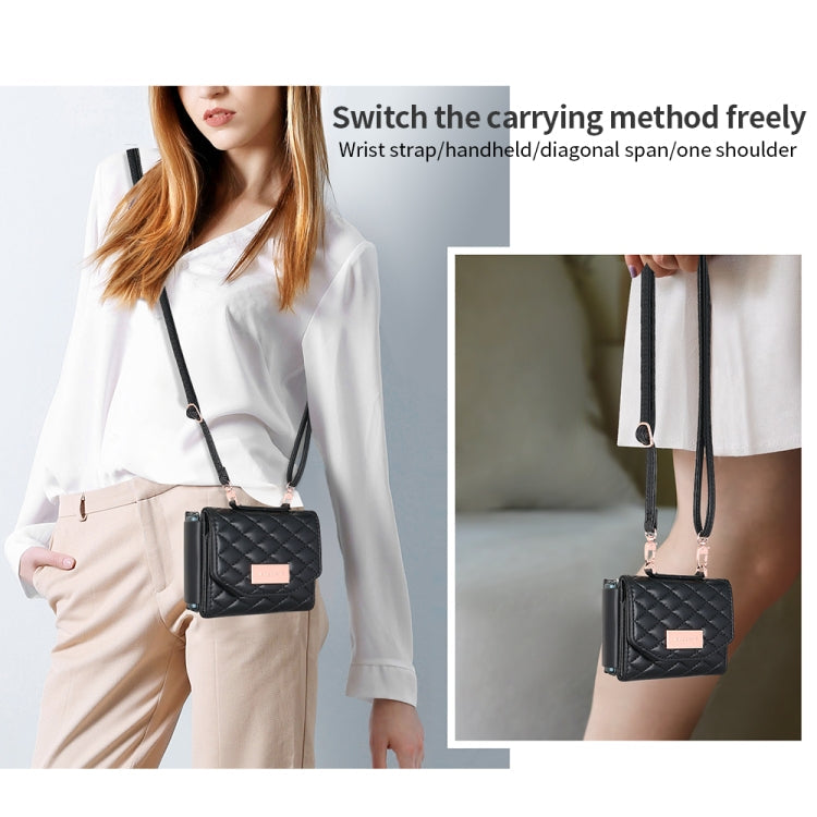For Samsung Galaxy Z Flip5 VIETAO Rhombic Texture Wallet PU Phone Case with Long Lanyard(Black)