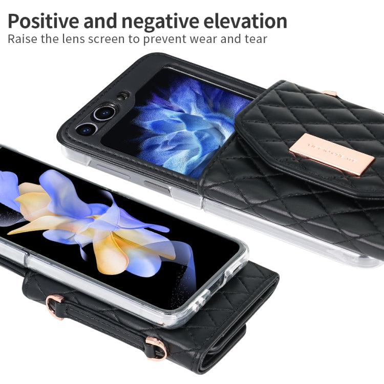 For Samsung Galaxy Z Flip5 VIETAO Rhombic Texture Wallet PU Phone Case with Long Lanyard(Black)