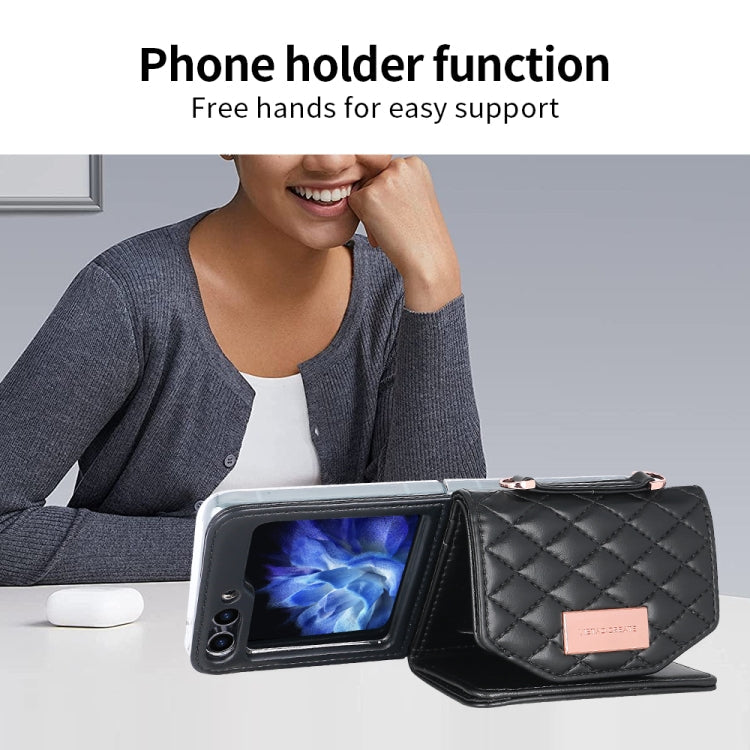 For Samsung Galaxy Z Flip5 VIETAO Rhombic Texture Wallet PU Phone Case with Long Lanyard(Black)