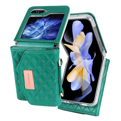 For Samsung Galaxy Z Flip5 VIETAO Rhombic Texture Wallet PU Phone Case with Long Lanyard(Green)