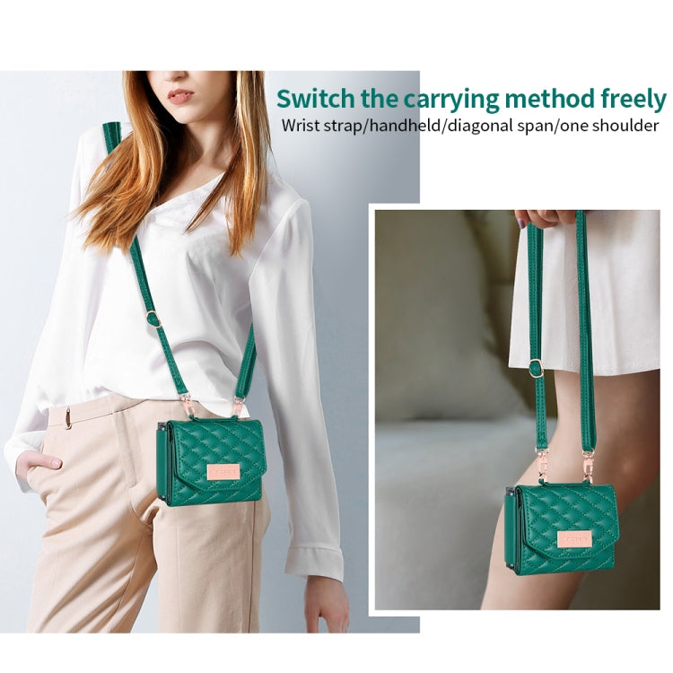 For Samsung Galaxy Z Flip5 VIETAO Rhombic Texture Wallet PU Phone Case with Long Lanyard(Green)