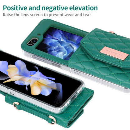 For Samsung Galaxy Z Flip5 VIETAO Rhombic Texture Wallet PU Phone Case with Long Lanyard(Green)