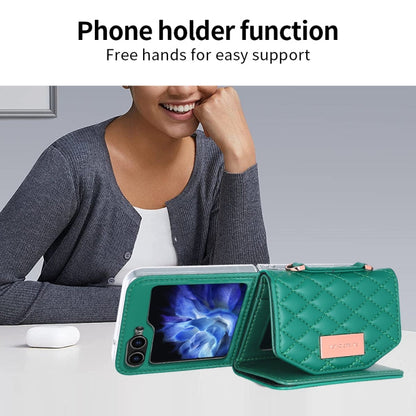 For Samsung Galaxy Z Flip5 VIETAO Rhombic Texture Wallet PU Phone Case with Long Lanyard(Green)