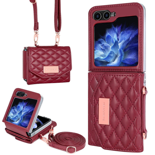 For Samsung Galaxy Z Flip5 VIETAO Rhombic Texture Wallet PU Phone Case with Long Lanyard(Red)
