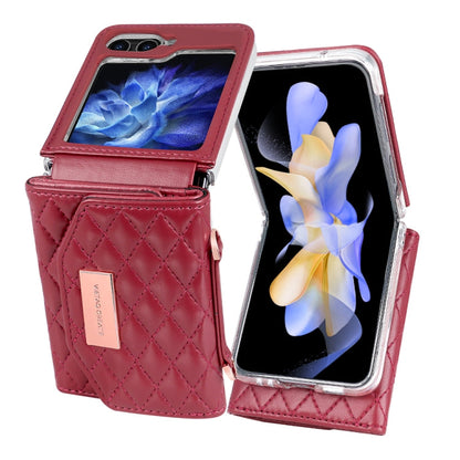For Samsung Galaxy Z Flip5 VIETAO Rhombic Texture Wallet PU Phone Case with Long Lanyard(Red)