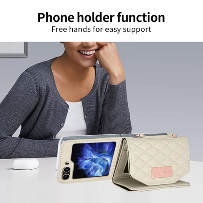Pour Samsung Galaxy Z Flip5, étui portefeuille en PU à texture rhomboïde VIETAO avec cordon long (beige)
