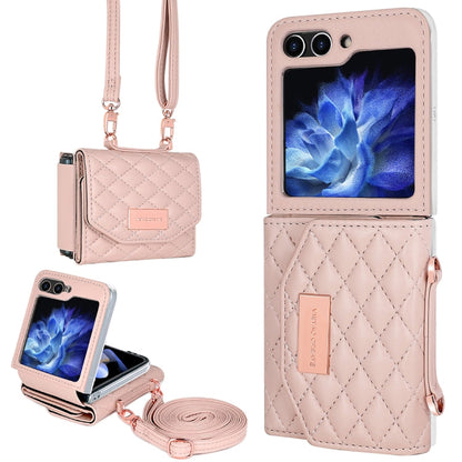 Pour Samsung Galaxy Z Flip5, étui de téléphone en PU avec motif losange et lanière longue VIETAO (rose)