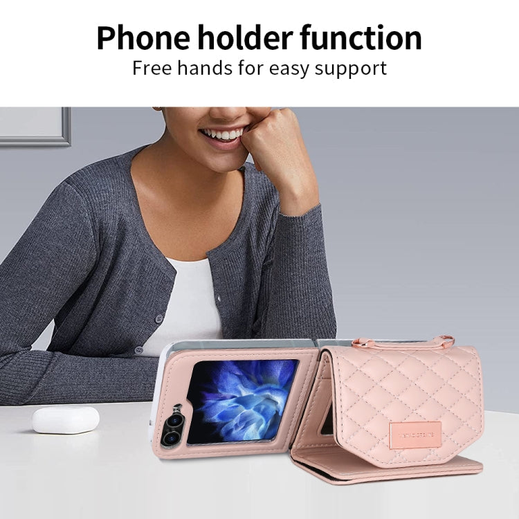 Pour Samsung Galaxy Z Flip5, étui de téléphone en PU avec motif losange et lanière longue VIETAO (rose)