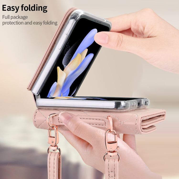 Pour Samsung Galaxy Z Flip5, étui de téléphone en PU avec motif losange et lanière longue VIETAO (rose)