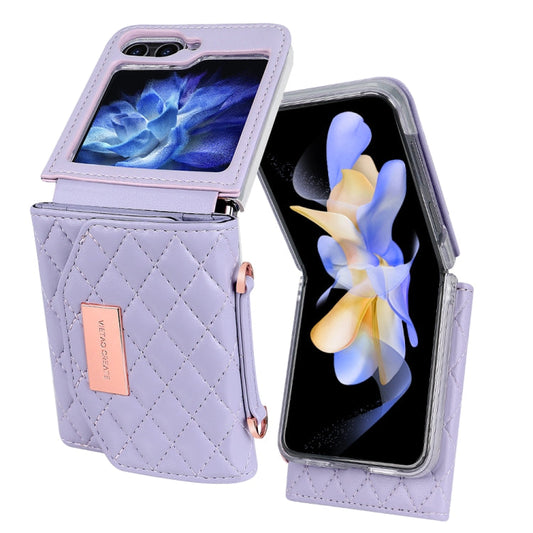 For Samsung Galaxy Z Flip5 VIETAO Rhombic Texture Wallet PU Phone Case with Long Lanyard(Purple)