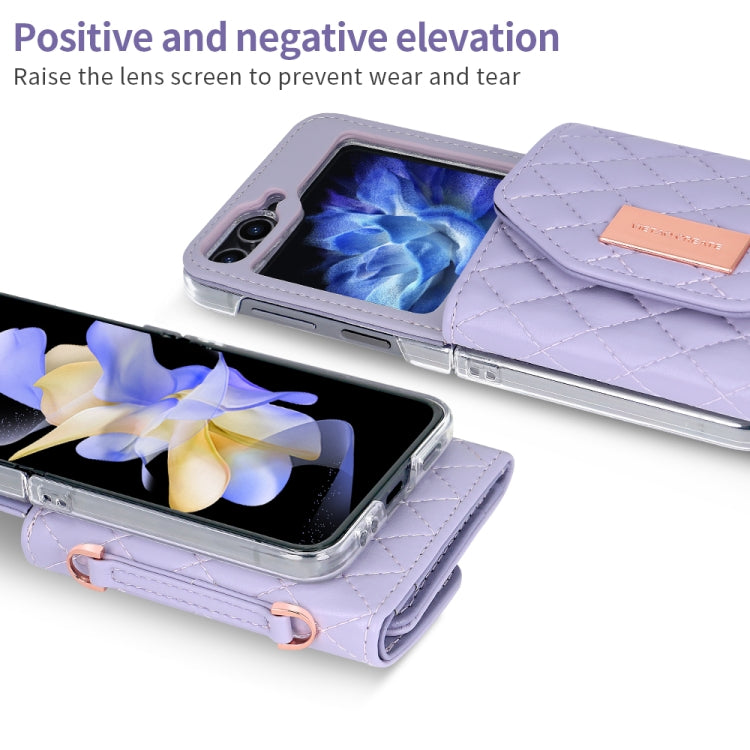 For Samsung Galaxy Z Flip5 VIETAO Rhombic Texture Wallet PU Phone Case with Long Lanyard(Purple)