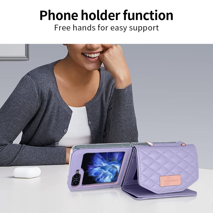 For Samsung Galaxy Z Flip5 VIETAO Rhombic Texture Wallet PU Phone Case with Long Lanyard(Purple)