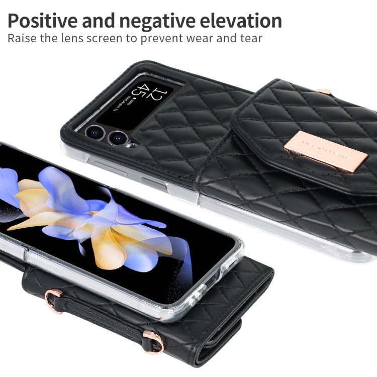 For Samsung Galaxy Z Flip4 VIETAO Rhombic Texture Wallet PU Phone Case with Long Lanyard(Black)