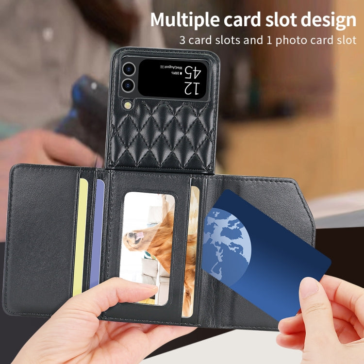 For Samsung Galaxy Z Flip4 VIETAO Rhombic Texture Wallet PU Phone Case with Long Lanyard(Black)