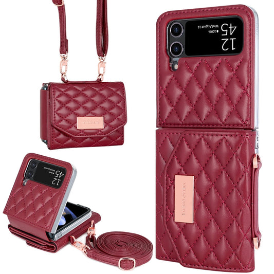 For Samsung Galaxy Z Flip4 VIETAO Rhombic Texture Wallet PU Phone Case with Long Lanyard(Red)