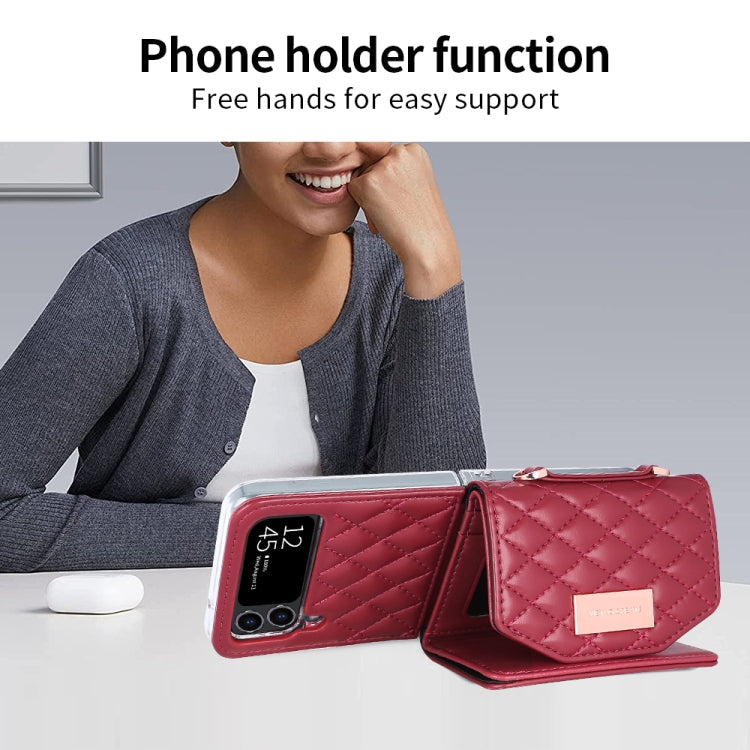 For Samsung Galaxy Z Flip4 VIETAO Rhombic Texture Wallet PU Phone Case with Long Lanyard(Red)