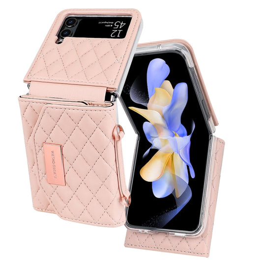 For Samsung Galaxy Z Flip4 VIETAO Rhombic Texture Wallet PU Phone Case with Long Lanyard(Pink)