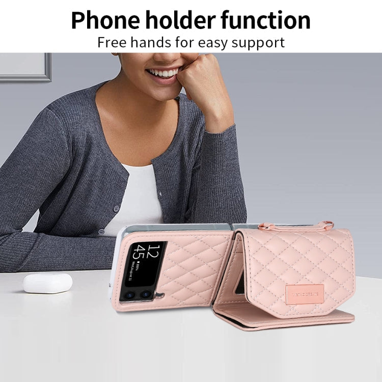 Pour Samsung Galaxy Z Flip4 VIETAO Étui portefeuille de téléphone en PU avec texture rhomboïde et longue dragonne (Rose)