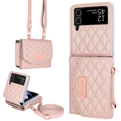Pour Samsung Galaxy Z Flip4 VIETAO Étui portefeuille de téléphone en PU avec texture rhomboïde et longue dragonne (Rose)