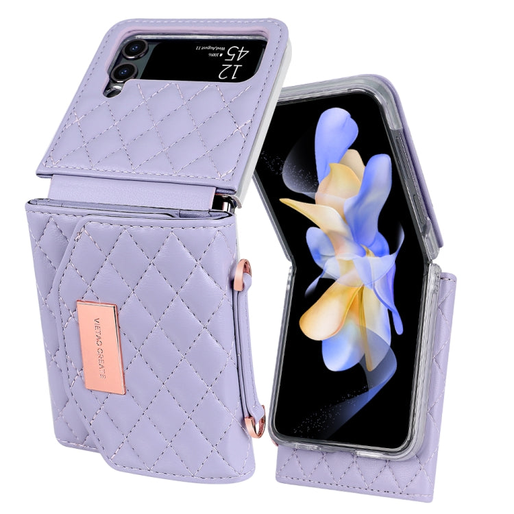 For Samsung Galaxy Z Flip4 VIETAO Rhombic Texture Wallet PU Phone Case with Long Lanyard(Purple)
