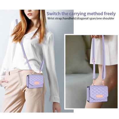 For Samsung Galaxy Z Flip4 VIETAO Rhombic Texture Wallet PU Phone Case with Long Lanyard(Purple)