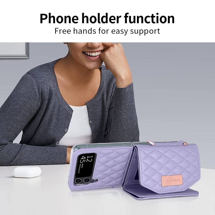 For Samsung Galaxy Z Flip4 VIETAO Rhombic Texture Wallet PU Phone Case with Long Lanyard(Purple)