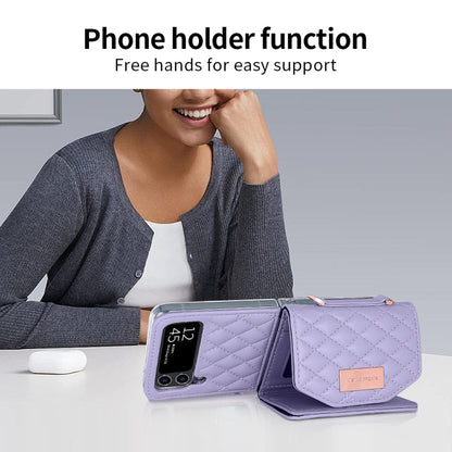 For Samsung Galaxy Z Flip4 VIETAO Rhombic Texture Wallet PU Phone Case with Long Lanyard(Purple)