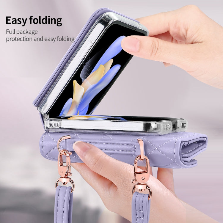 For Samsung Galaxy Z Flip4 VIETAO Rhombic Texture Wallet PU Phone Case with Long Lanyard(Purple)