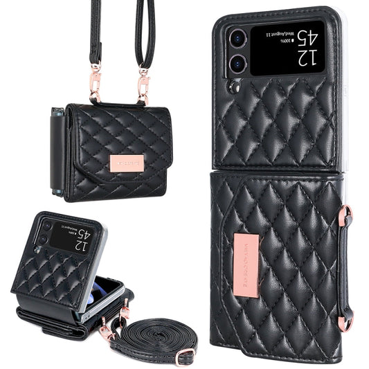 For Samsung Galaxy Z Flip3 5G VIETAO Rhombic Texture Wallet PU Phone Case with Long Lanyard(Black)