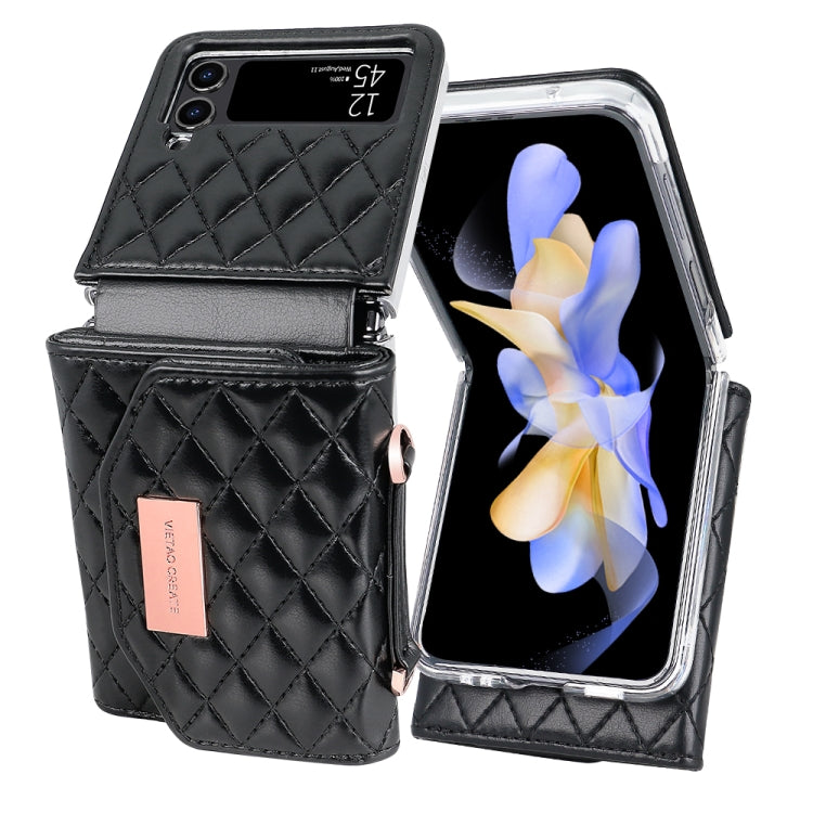 For Samsung Galaxy Z Flip3 5G VIETAO Rhombic Texture Wallet PU Phone Case with Long Lanyard(Black)