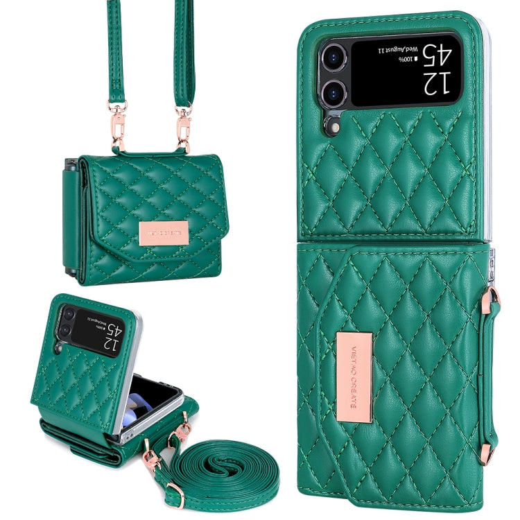 For Samsung Galaxy Z Flip3 5G VIETAO Rhombic Texture Wallet PU Phone Case with Long Lanyard(Green)