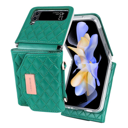 For Samsung Galaxy Z Flip3 5G VIETAO Rhombic Texture Wallet PU Phone Case with Long Lanyard(Green)