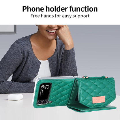 For Samsung Galaxy Z Flip3 5G VIETAO Rhombic Texture Wallet PU Phone Case with Long Lanyard(Green)