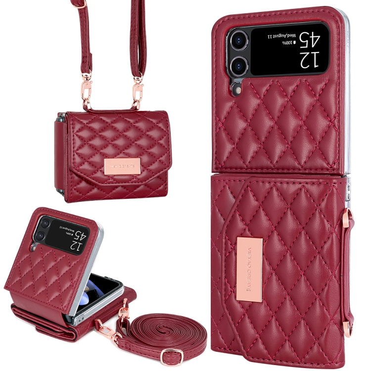 For Samsung Galaxy Z Flip3 5G VIETAO Rhombic Texture Wallet PU Phone Case with Long Lanyard(Red)
