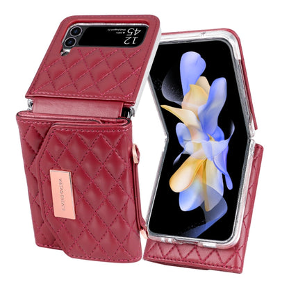 For Samsung Galaxy Z Flip3 5G VIETAO Rhombic Texture Wallet PU Phone Case with Long Lanyard(Red)