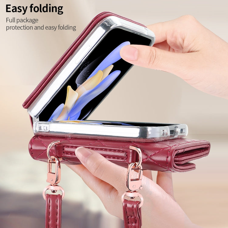 For Samsung Galaxy Z Flip3 5G VIETAO Rhombic Texture Wallet PU Phone Case with Long Lanyard(Red)