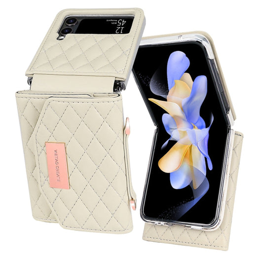 For Samsung Galaxy Z Flip3 5G VIETAO Rhombic Texture Wallet PU Phone Case with Long Lanyard(Beige)