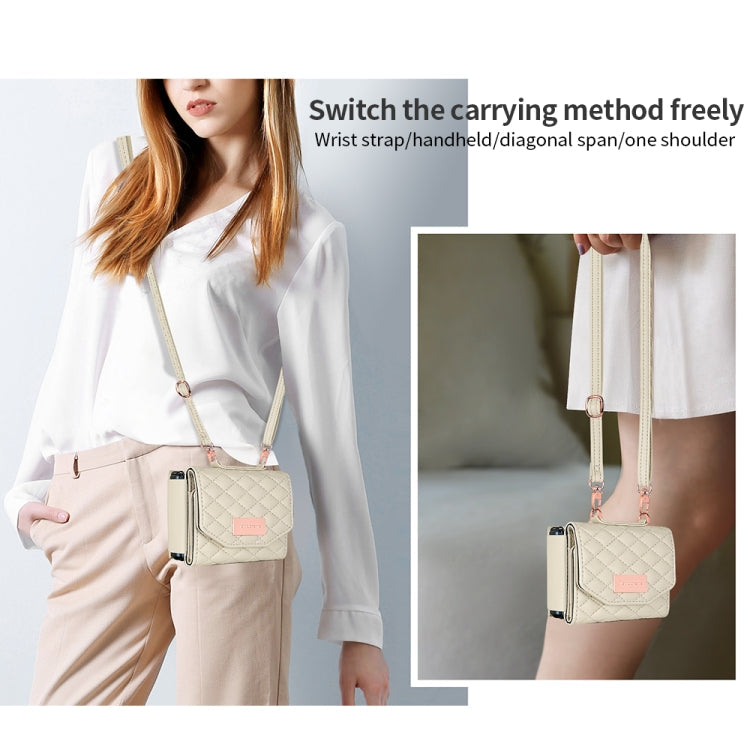 For Samsung Galaxy Z Flip3 5G VIETAO Rhombic Texture Wallet PU Phone Case with Long Lanyard(Beige)