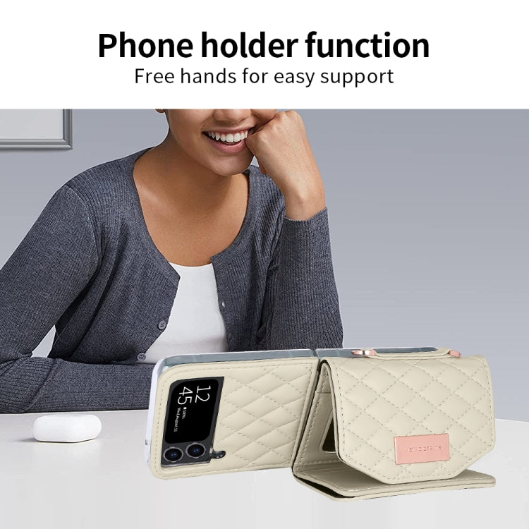 For Samsung Galaxy Z Flip3 5G VIETAO Rhombic Texture Wallet PU Phone Case with Long Lanyard(Beige)