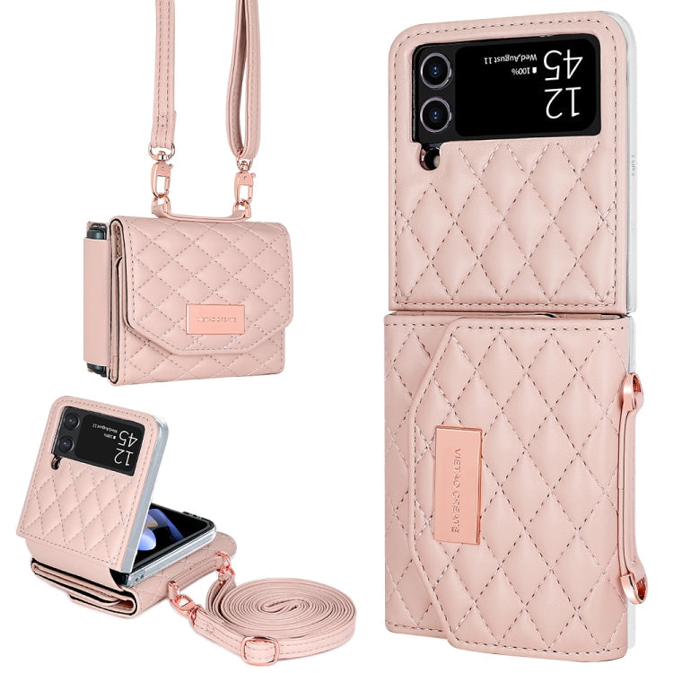 For Samsung Galaxy Z Flip3 5G VIETAO Rhombic Texture Wallet PU Phone Case with Long Lanyard(Pink)