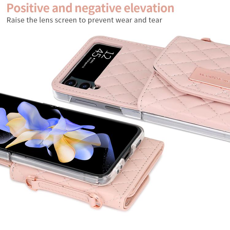 For Samsung Galaxy Z Flip3 5G VIETAO Rhombic Texture Wallet PU Phone Case with Long Lanyard(Pink)