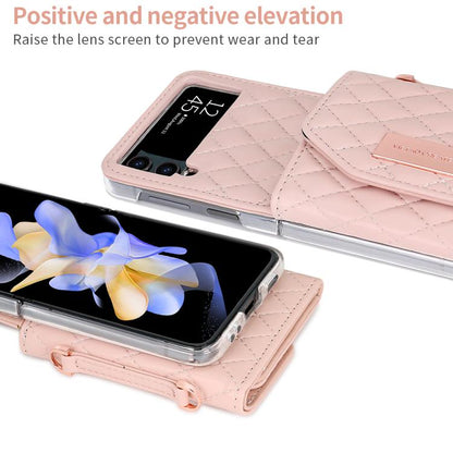 For Samsung Galaxy Z Flip3 5G VIETAO Rhombic Texture Wallet PU Phone Case with Long Lanyard(Pink)