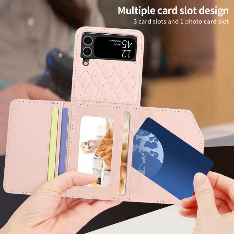For Samsung Galaxy Z Flip3 5G VIETAO Rhombic Texture Wallet PU Phone Case with Long Lanyard(Pink)