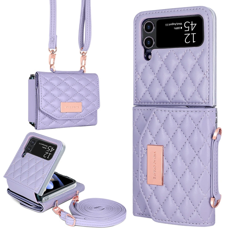 For Samsung Galaxy Z Flip3 5G VIETAO Rhombic Texture Wallet PU Phone Case with Long Lanyard(Purple)